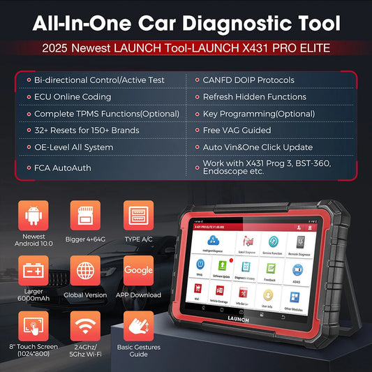 LAUNCH X431 PRO ELITE 8' inch Car Diagnostic Tools Auto OBD OBD2 Scanner CAN FD/DOIP ECU Coding Bi-Directional PK CRP919E BT